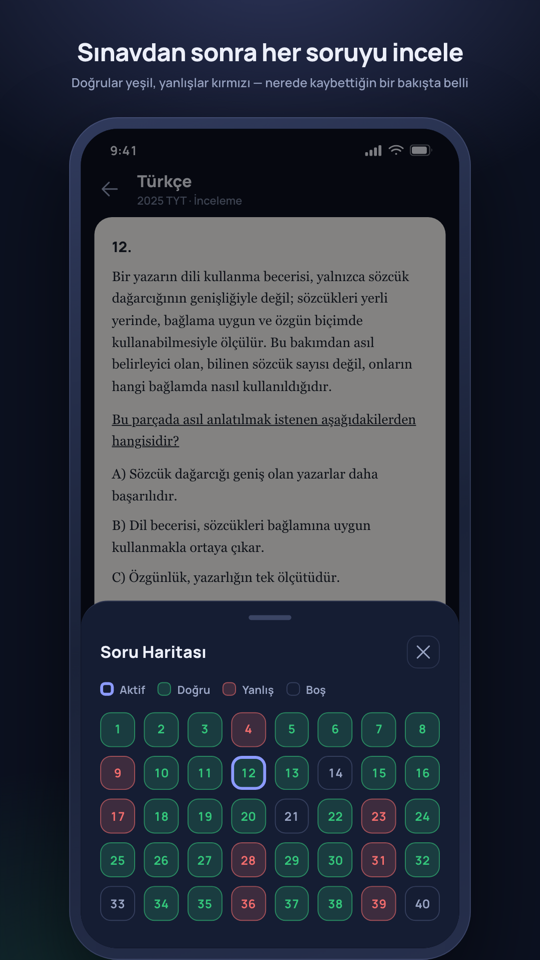 İnceleme modu: sınavdan sonra her soruyu ve soru haritasını incele
